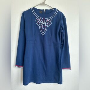 pop Navy dress with White Embroidery and Red Accents